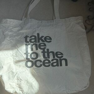 Dogeared White Canvas Tote with Black Text "take me to the ocean"